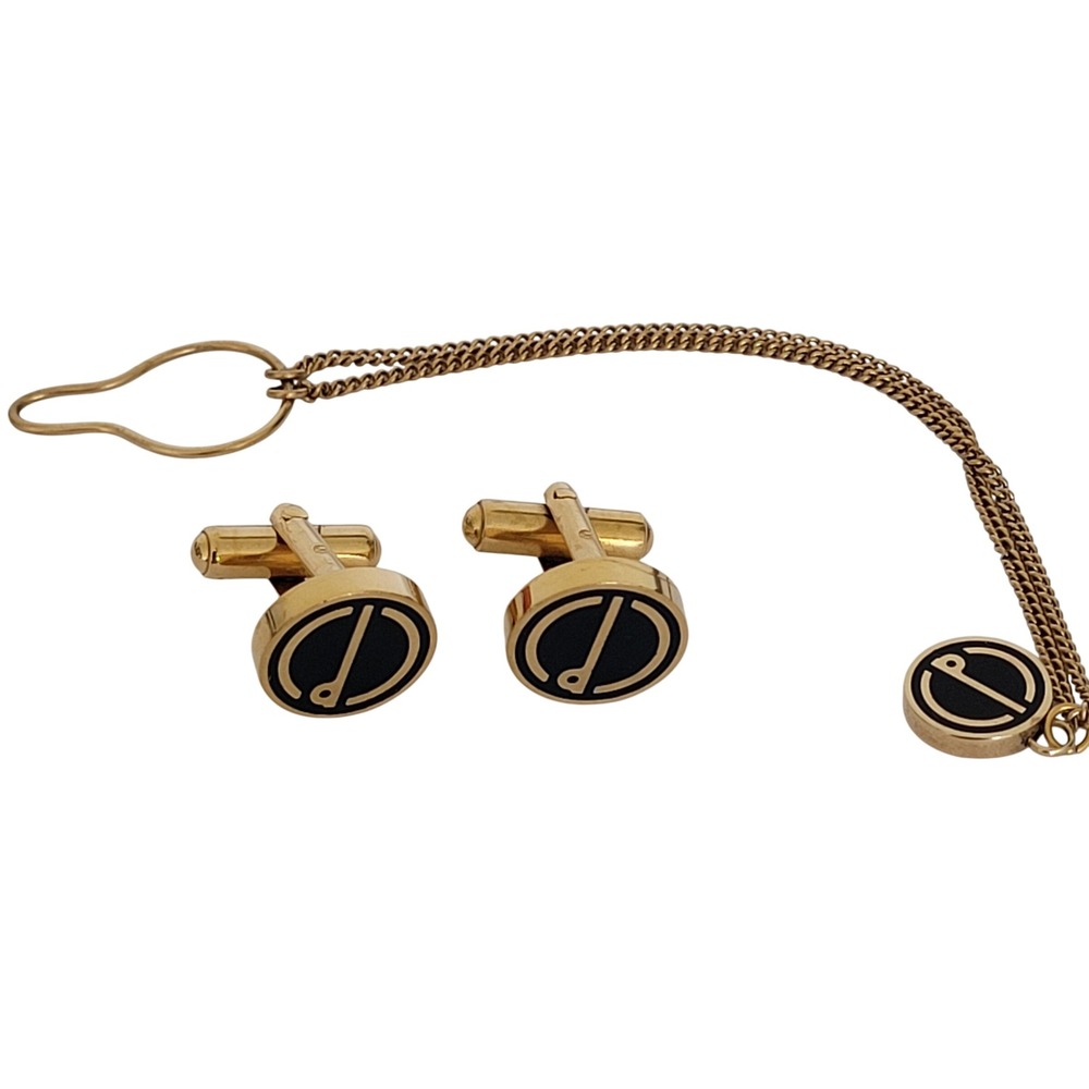 Dunhill Vintage Cufflinks and Tie Chain Set Gold Tone Black Enamel d Logo